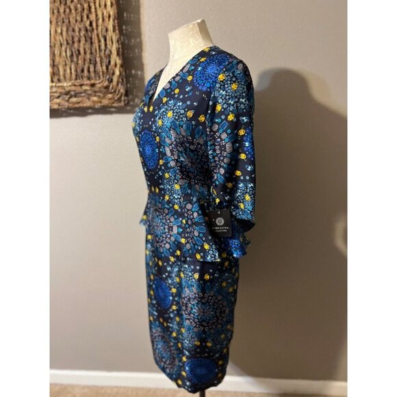 Doncaster Dress Blue Gold 8 Short Sleeve SILK Peplum Sheath NWT - Picture 8 of 11